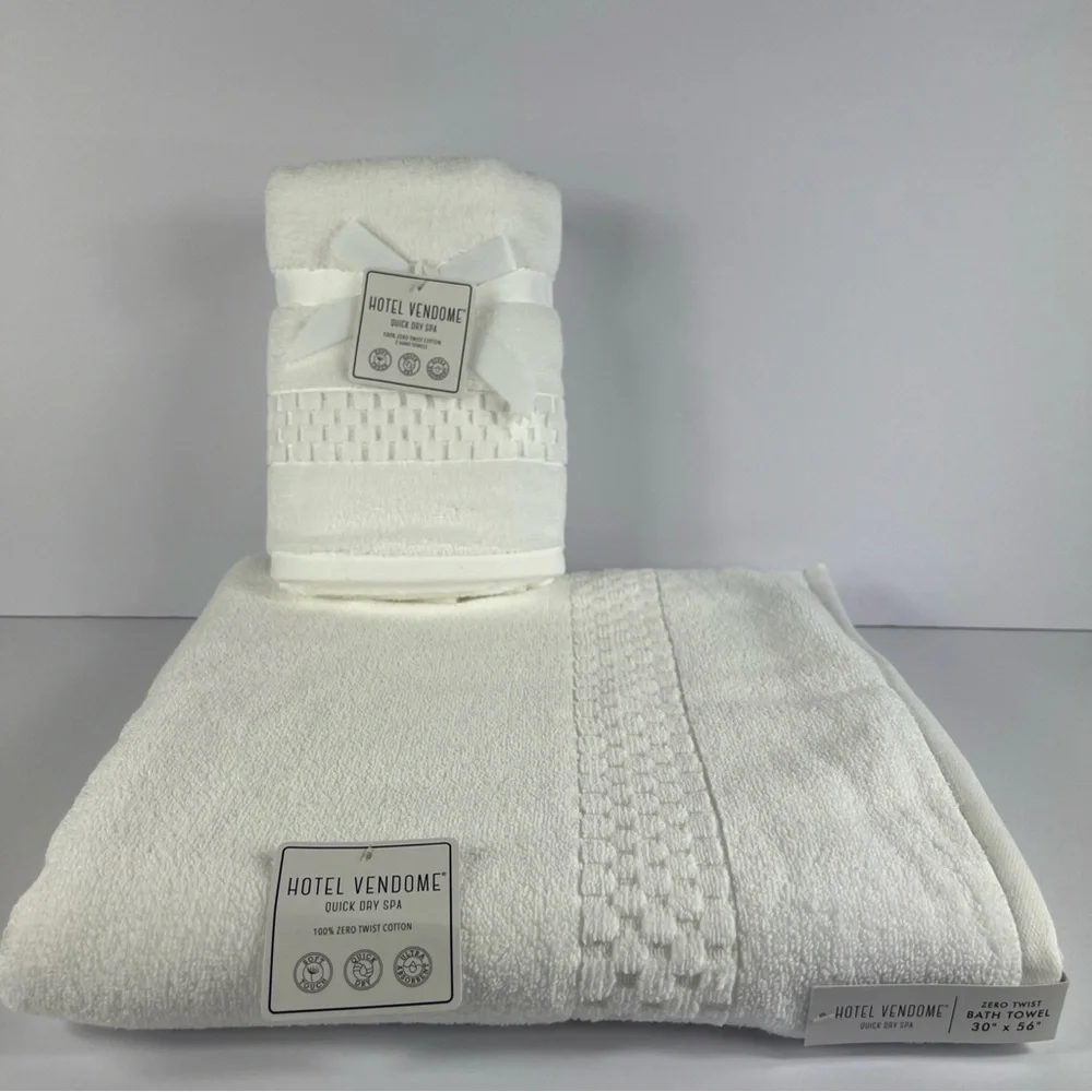 Hotel Vendome Bath Towel Set Luxury Cotton White 3 Pc Set Quick Dry Plush NEW